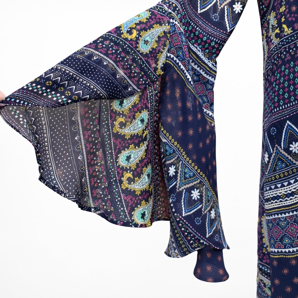 Dee Elle Navy Boho Print Dress | Bell Sleeve | Lace Hem Detail | Size S - Picture 5 of 7